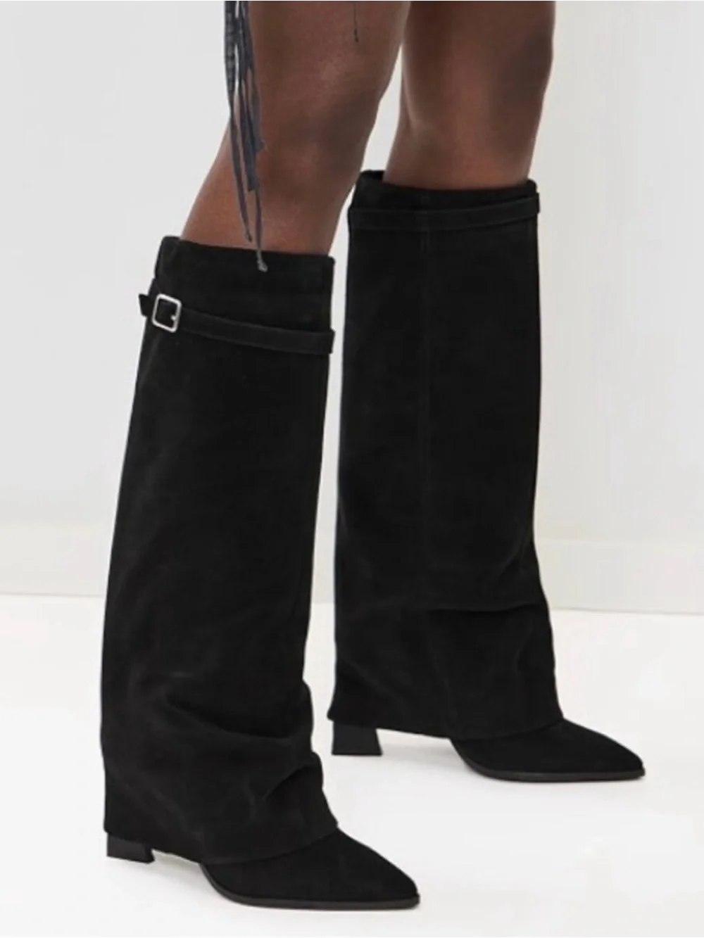 Free People Felicity Foldover Black Suede Pointed Toe Boots